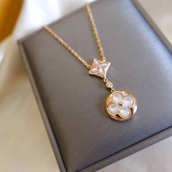 ˇTrend JewelryˇSTAR AND SUN WHITE MOP 2 MOTIF PINK GOLD NECKLACE