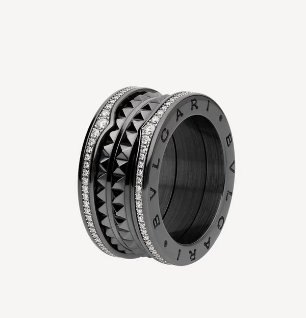 ˇTrend JewelryˇZERO 1 ROCK FOUR-BAND BLACK CERAMIC WITH STUDDED SPIRAL AND PAVED DIAMONDS RING