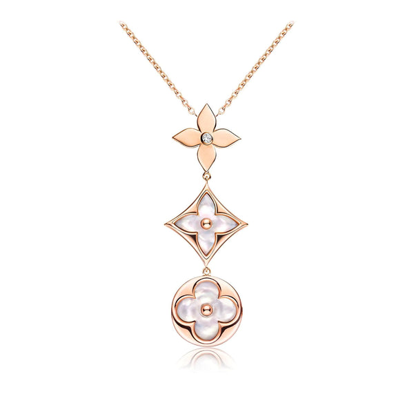 ˇTrend JewelryˇCOLOR BLOSSOM LARIAT NECKLACE PINK GOLD WHITE MOTHER PEARL AND DIAMOND